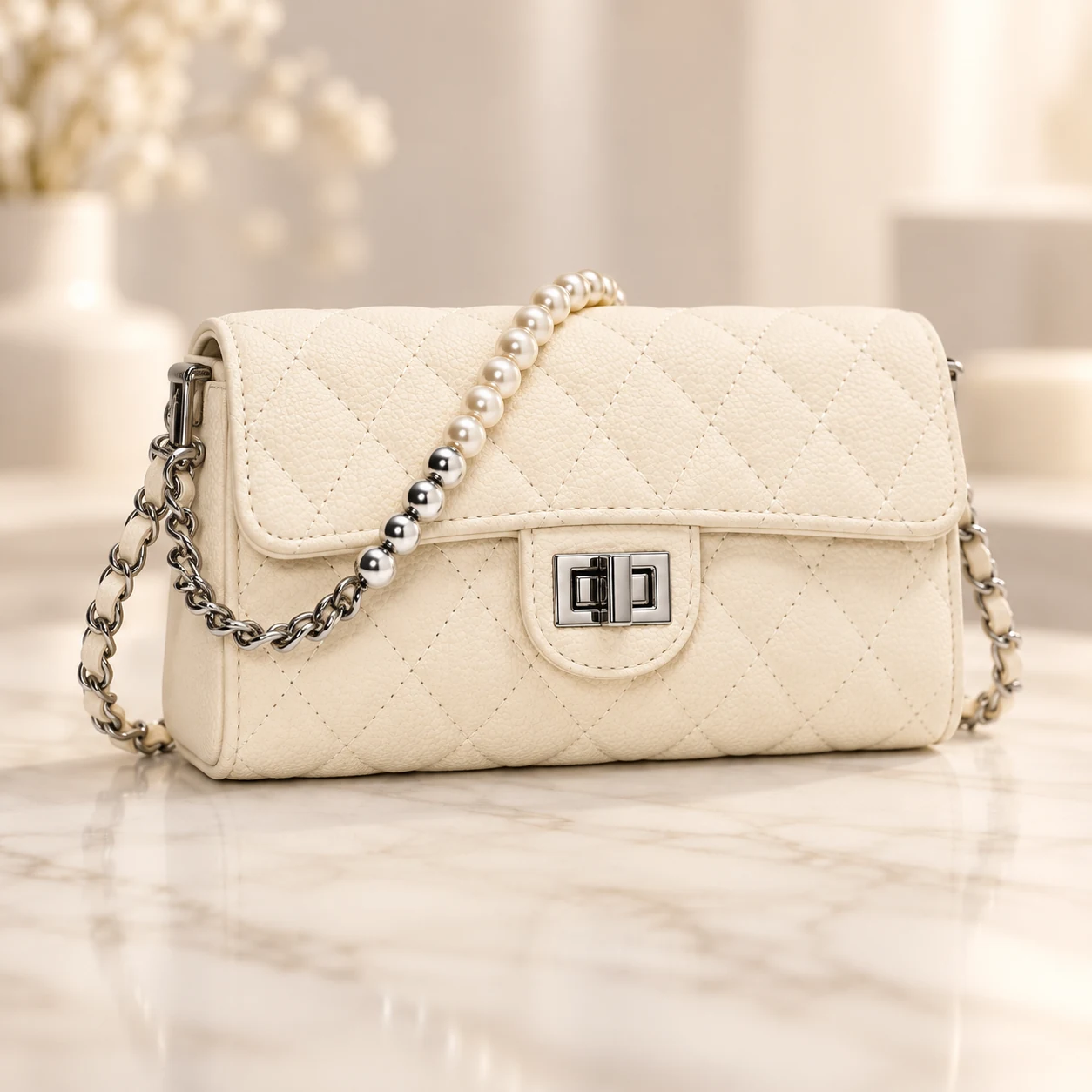 Ivory Pearl color marfil acolchado, vista frontal tres cuartos