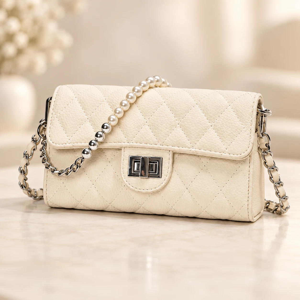 Ivory Pearl color marfil acolchado, vista lateral tres cuartos