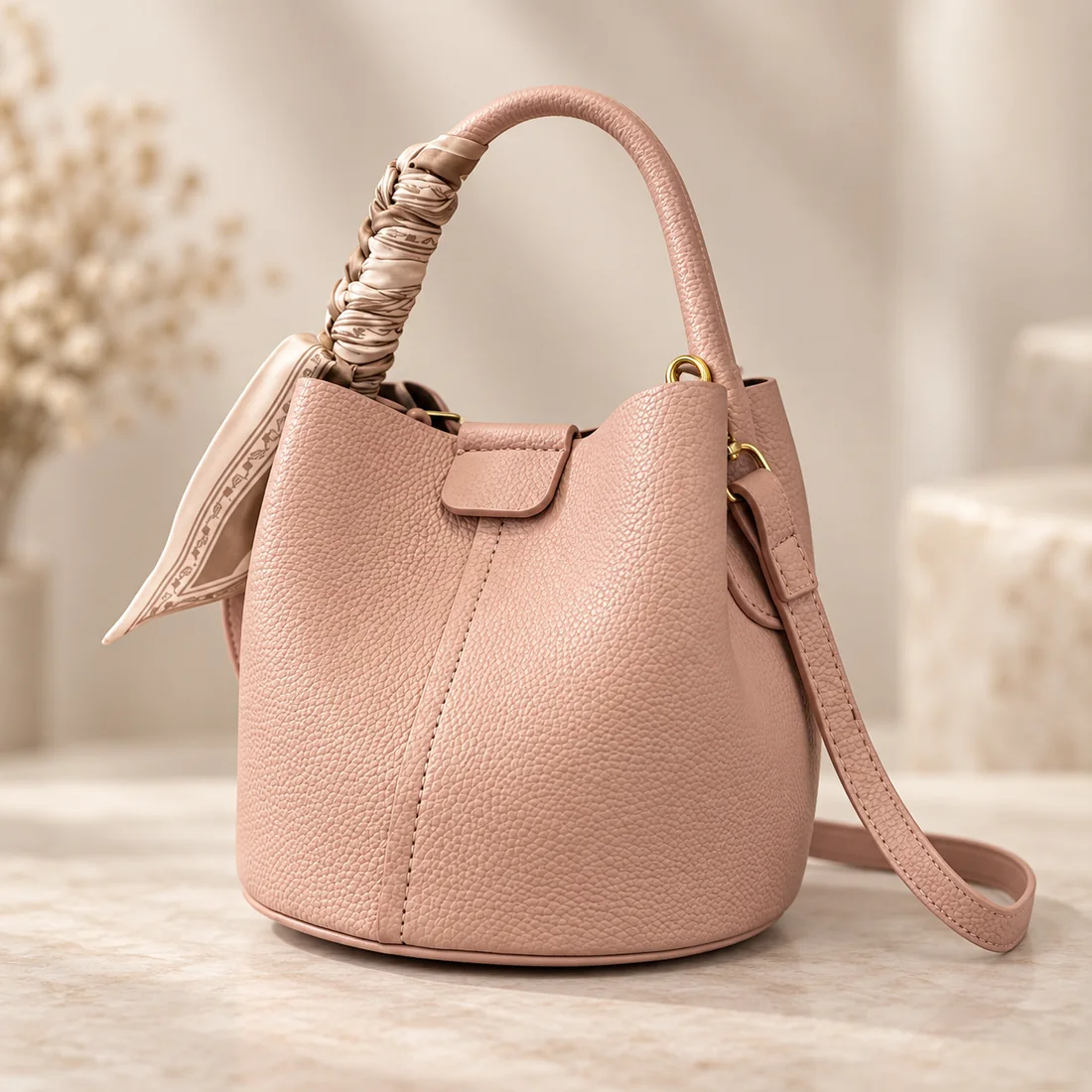 Mini Bucket color blush, vista frontal tres cuartos