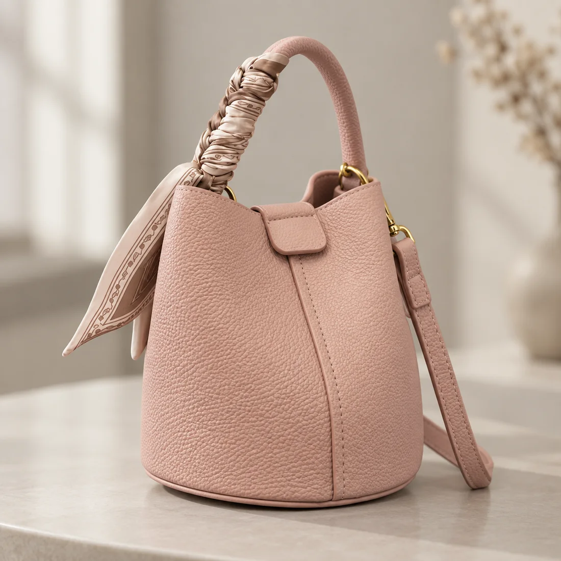 Mini Bucket color blush, vista lateral tres cuartos